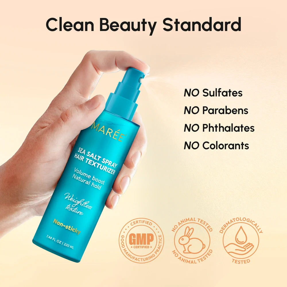 Maree Keratin and Sea Salt Hair Texturizer spray showing textured, tousled hair with a natural waves and volume.