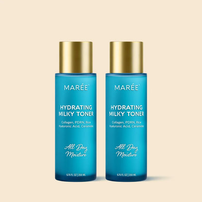 Maree Milky Rice Hydrating Toner in a clear bottle with a white cap, showing a milky, lightweight liquid for skin hydration.