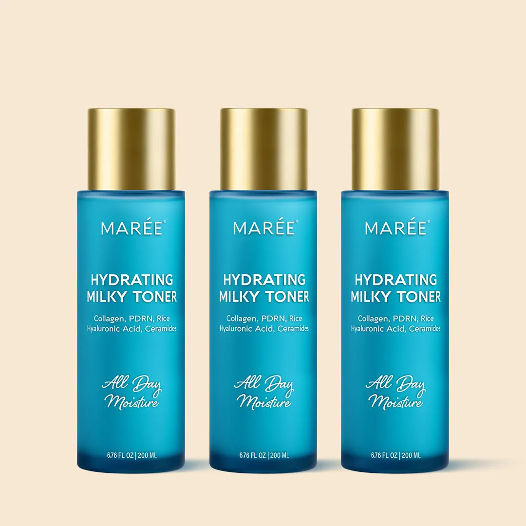 Maree Milky Rice Hydrating Toner bottle with white and silver packaging, showcasing the product label and design.