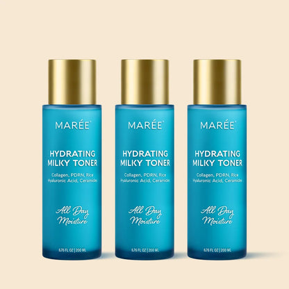 Maree Milky Rice Hydrating Toner bottle with white and silver packaging, showcasing the product label and design.