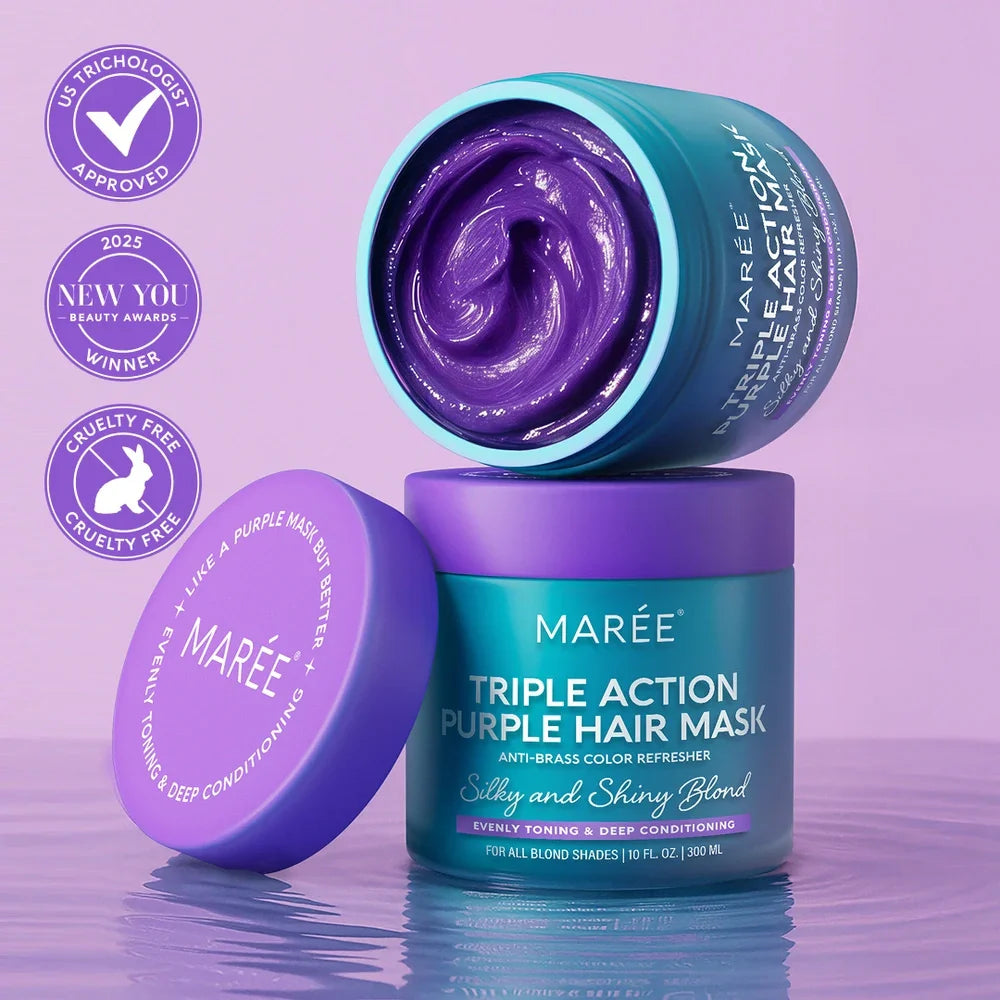 Maree purple hair mask for blonde hair, smooth and nourishing treatment in a jar, designed to enhance and maintain blonde tones.