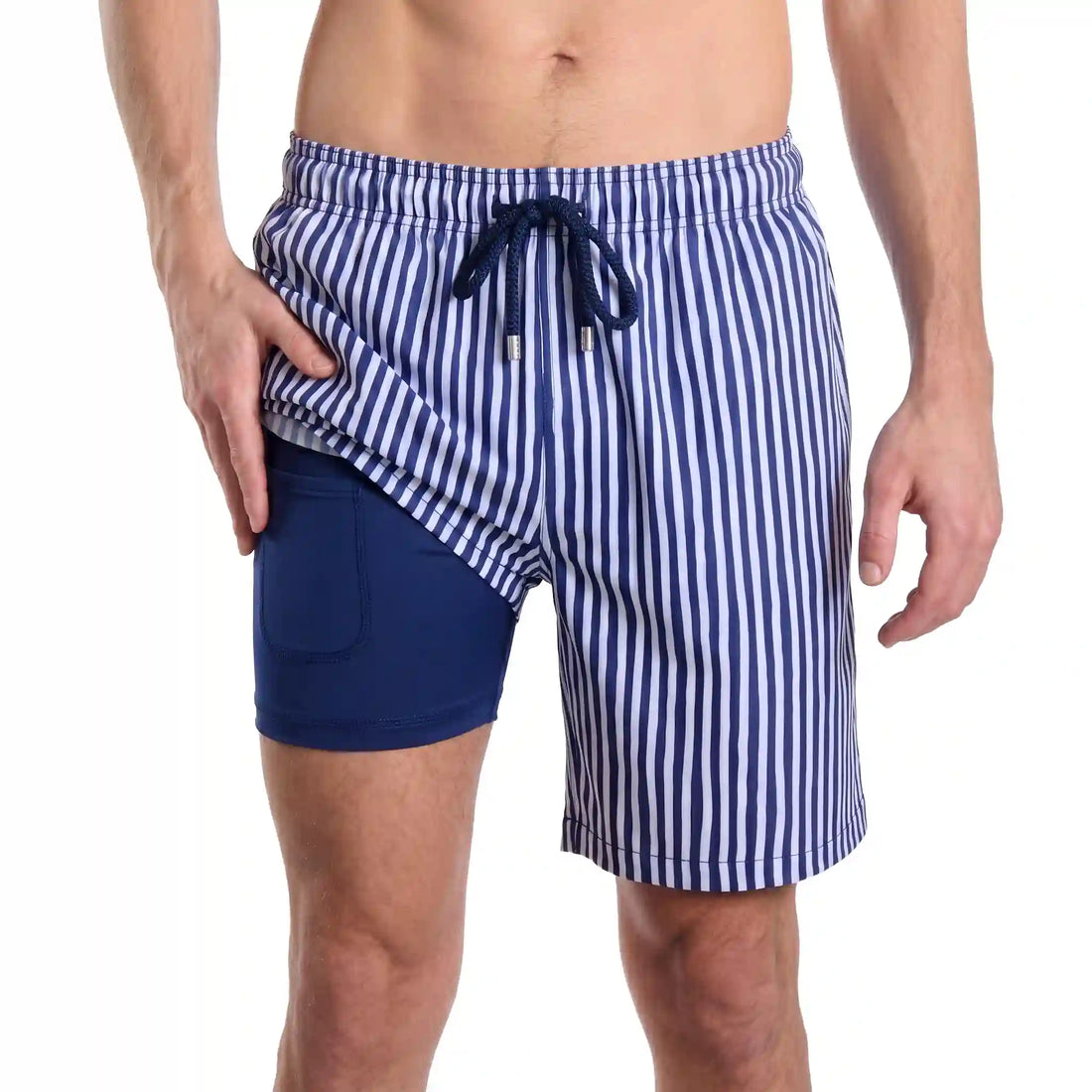 Men’s Premium Compression-Lined Hybrid Shorts – Marina Pinstripe-Indigo and Surf