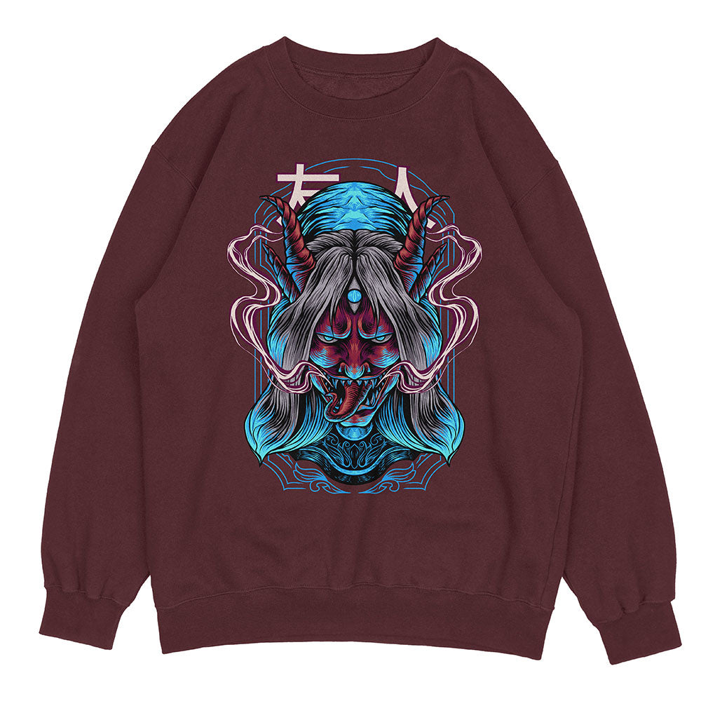 Yūjin Clothing possessed sweatshirt with bold graphic design, long sleeves, and comfortable fabric for casual wear.
