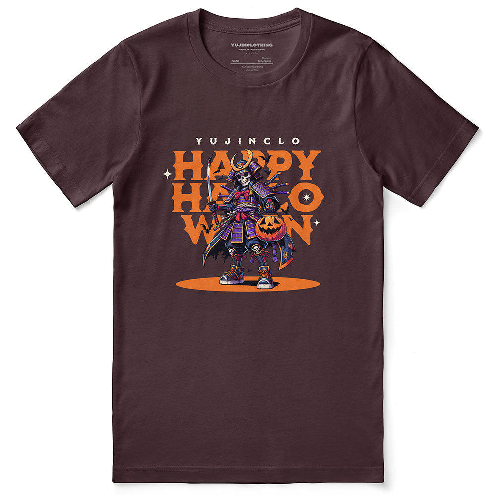 Yūjin Clothing Samurai Halloween T-Shirt with striking samurai artwork on black fabric, ideal for spooky season costumes and casual wear.