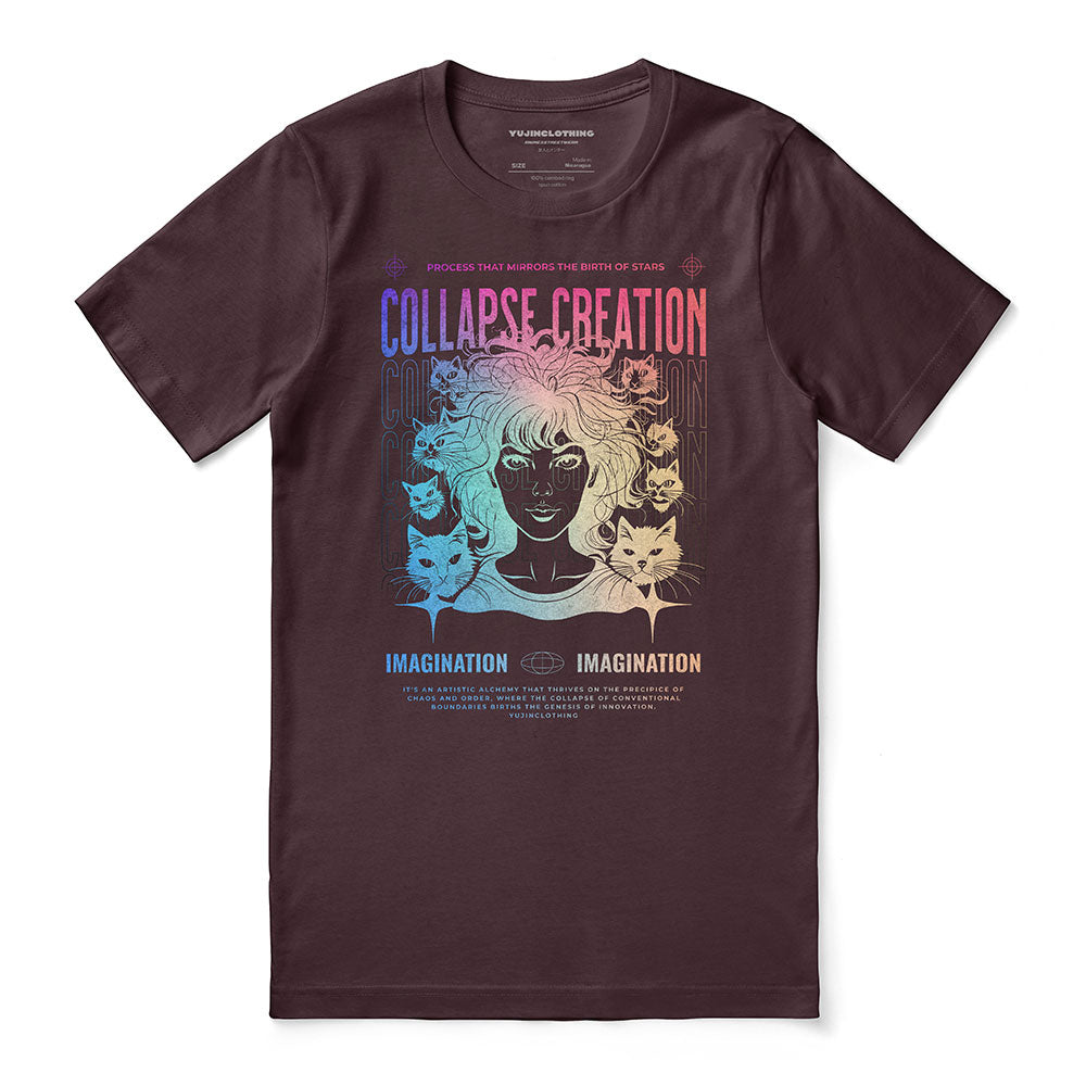 Yūjin Clothing Collapse Creation Cat T-Shirt featuring a colorful cat graphic on a casual cotton T-shirt.