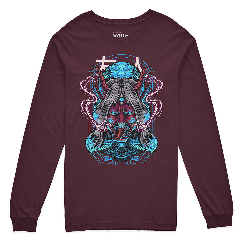 Yūjin Clothing Possessed long sleeve T-shirt featuring a dark, graphic design on black fabric, casual and stylish for everyday wear.