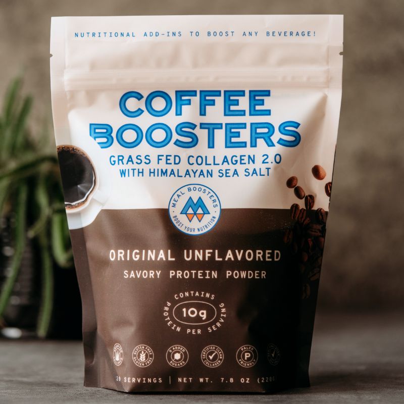 Unflavored collagen and electrolytes coffee booster from Meal Boosters in a clear jar with scoops for added health benefits.