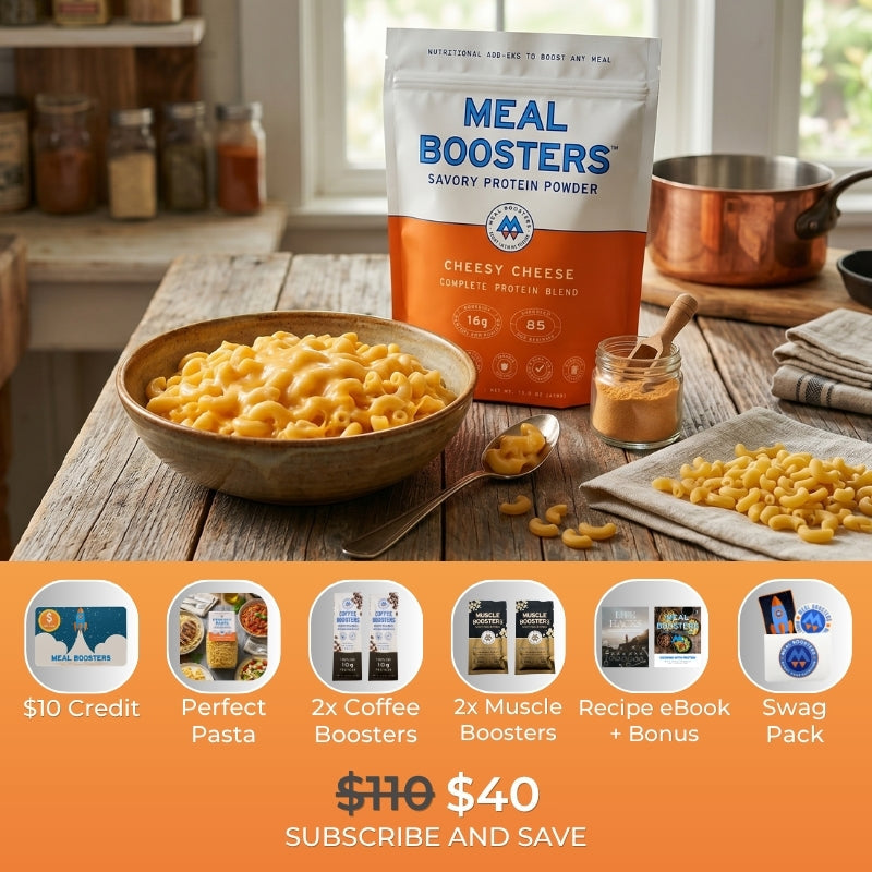 Cheesy Cheese Collagen and Protein Blend powder from Meal Boosters in a resealable bag with scoops and nutrition info.