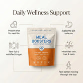 Two servings of Cheesy Cheese Collagen+ Protein Blend powder by Meal Boosters with benefits listed on a white background.