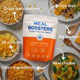 Meal Boosters Cheesy Cheese collagen and protein blend protein powder jar with scoop and label showing product features.
