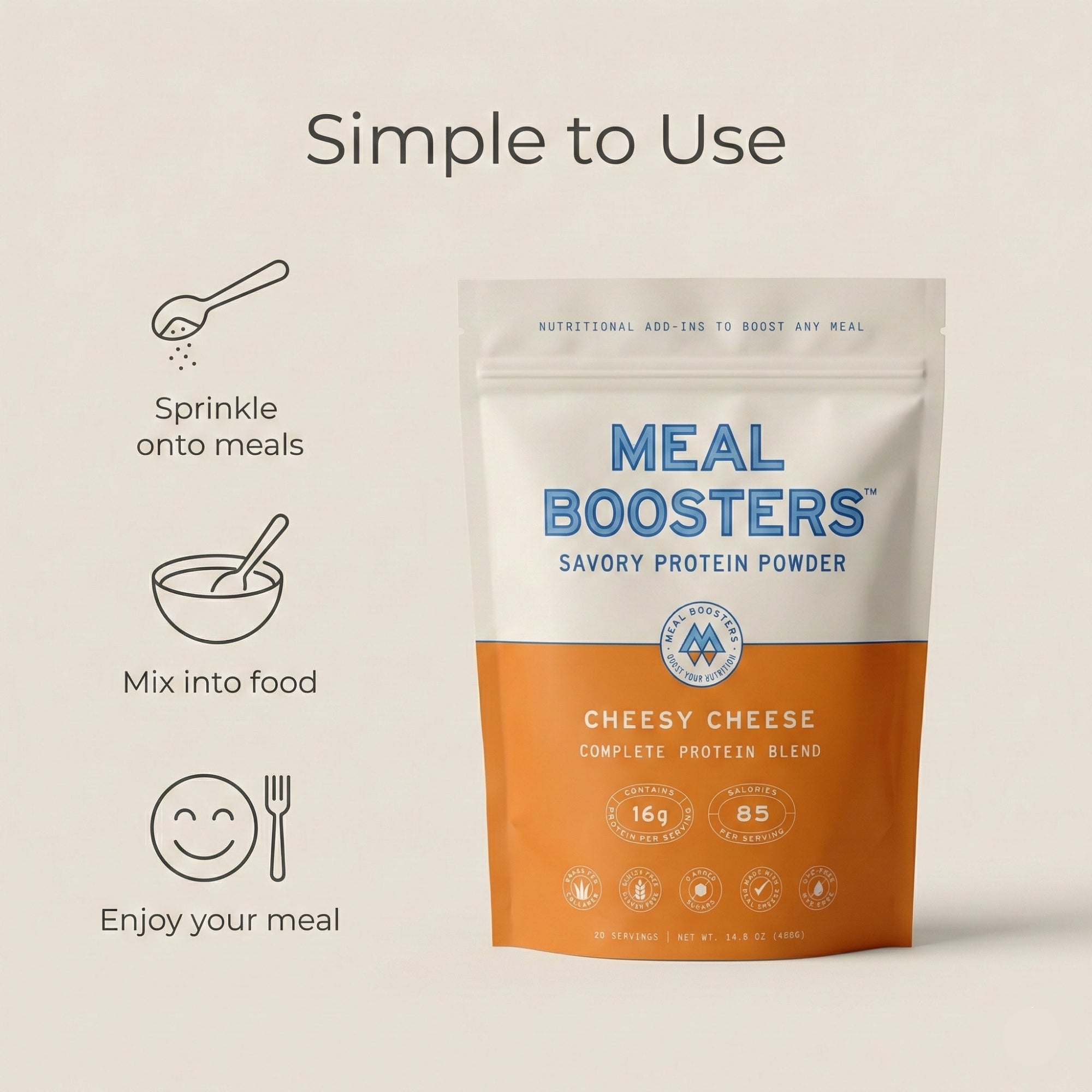 Cream-colored collagen and protein blend powder in a measuring scoop, displayed with a measuring spoon and a bowl for serving.