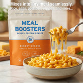 Meal Boosters Cheesy Cheese collagen and protein blend powder, showcasing its versatile food application and cheesy flavor.