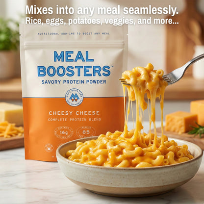 Meal Boosters Cheesy Cheese collagen and protein blend powder, showcasing its versatile food application and cheesy flavor.