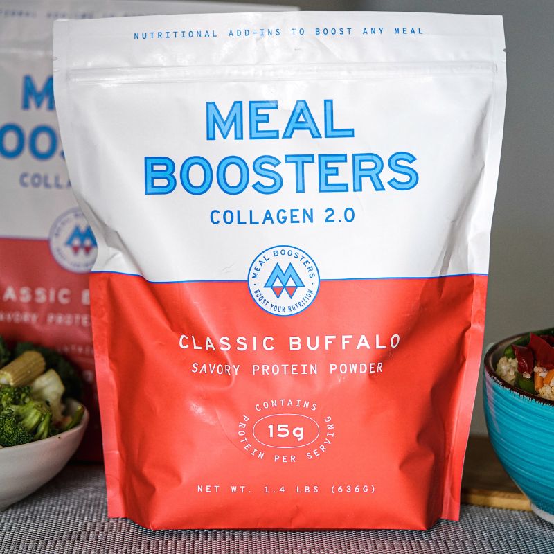 Classic Buffalo Collagen+ Protein Blend powder pouch from Meal Boosters, showing the packaging and product label.