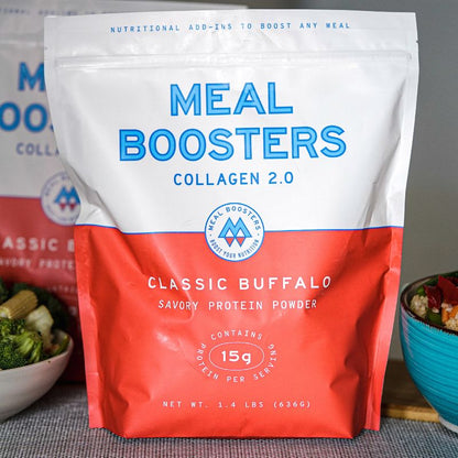 Classic Buffalo Collagen+ Protein Blend powder pouch from Meal Boosters, showing the packaging and product label.