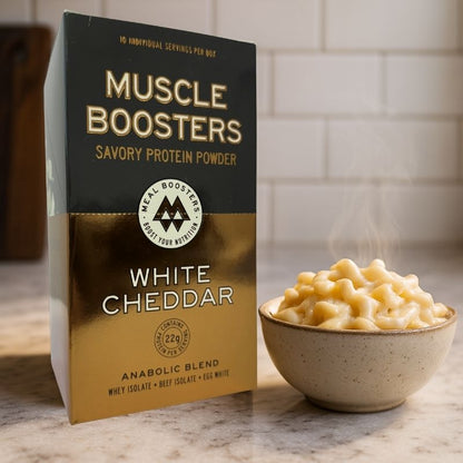 Organic grass-fed whey protein isolate Muscle Boosters White Cheddar protein powder box with 10 single serve packs, ideal for muscle support.