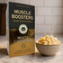 Organic grass-fed whey protein isolate Muscle Boosters White Cheddar protein powder box with 10 single serve packs, ideal for muscle support.