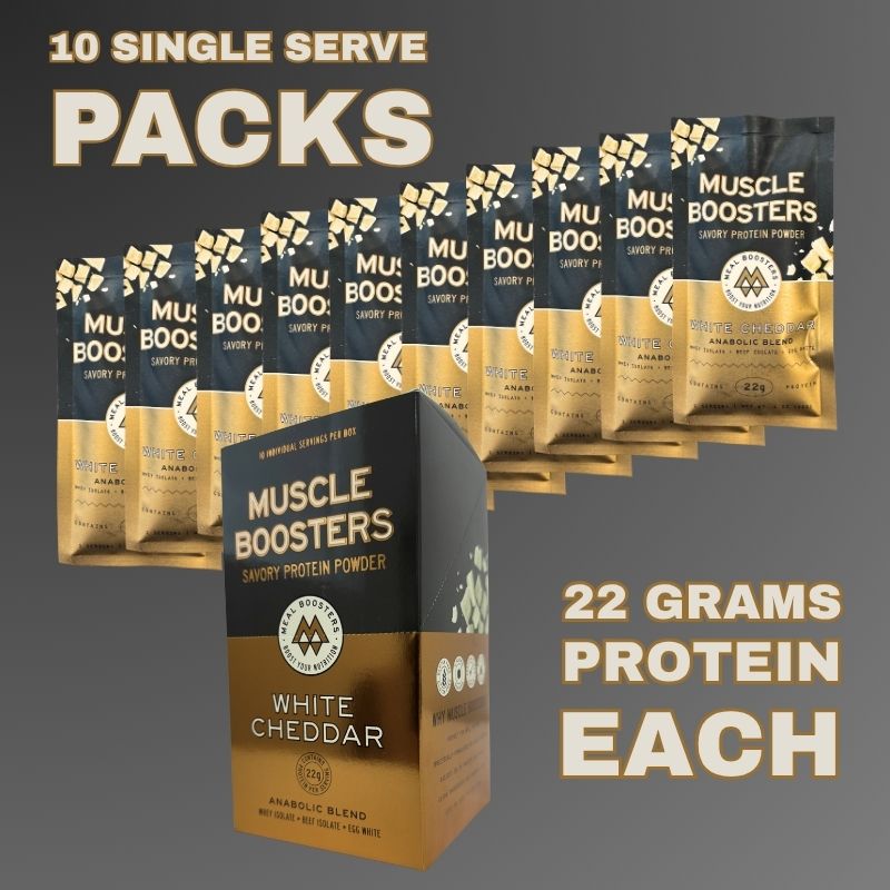 Box of Muscle Boosters White Cheddar Organic Grass-Fed Whey Protein Isolate single-serve packs from Meal Boosters, showing 10 individual packs.