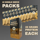 Box of Muscle Boosters White Cheddar Organic Grass-Fed Whey Protein Isolate single-serve packs from Meal Boosters, showing 10 individual packs.