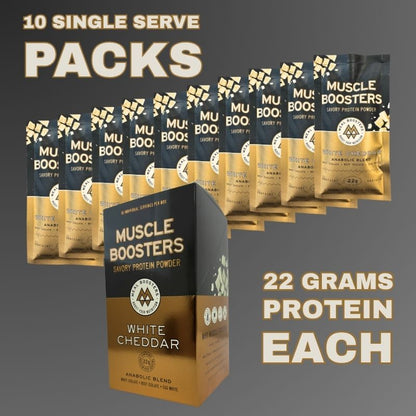 Box of Muscle Boosters White Cheddar Organic Grass-Fed Whey Protein Isolate single-serve packs from Meal Boosters, showing 10 individual packs.