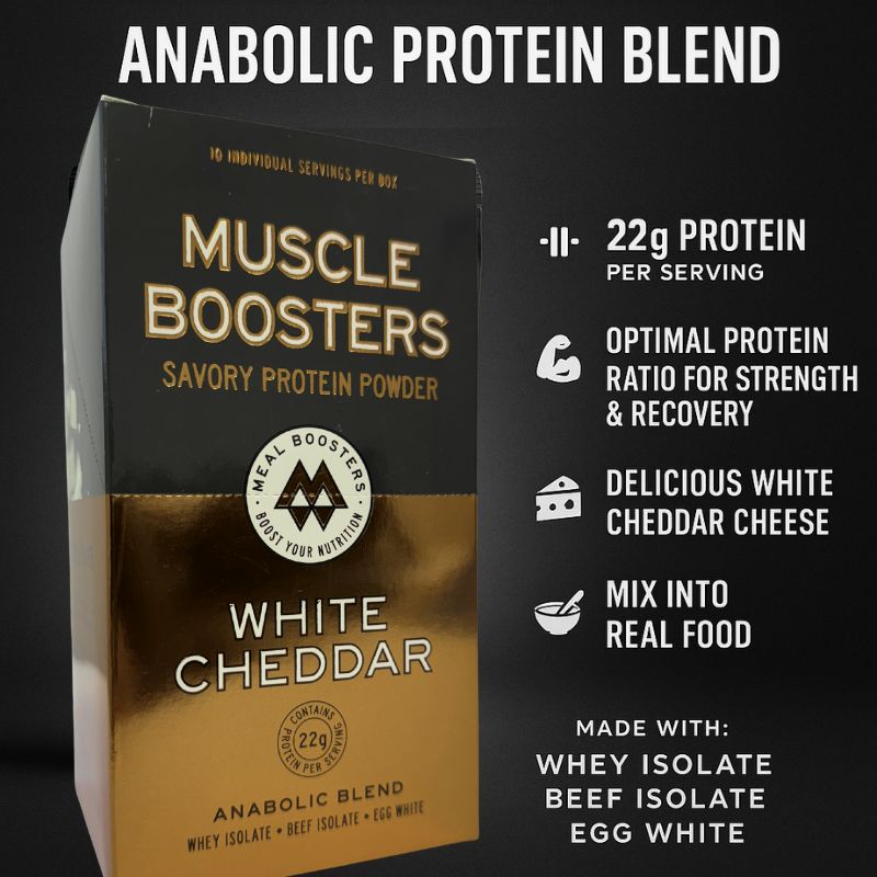 Box of Meal Boosters Muscle Boosters White Cheddar organic grass-fed whey protein isolate single serve packs, protein powder supplement.