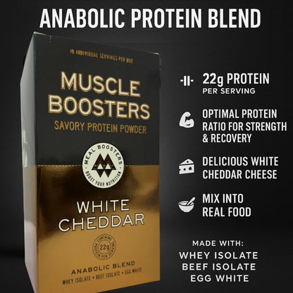 Box of Meal Boosters Muscle Boosters White Cheddar organic grass-fed whey protein isolate single serve packs, protein powder supplement.