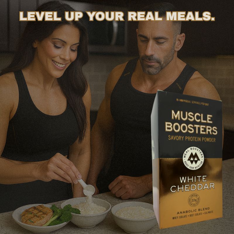 Meal Boosters Muscle Boosters White Cheddar organic whey protein isolate single serve packs, high-quality protein powder for muscle support.