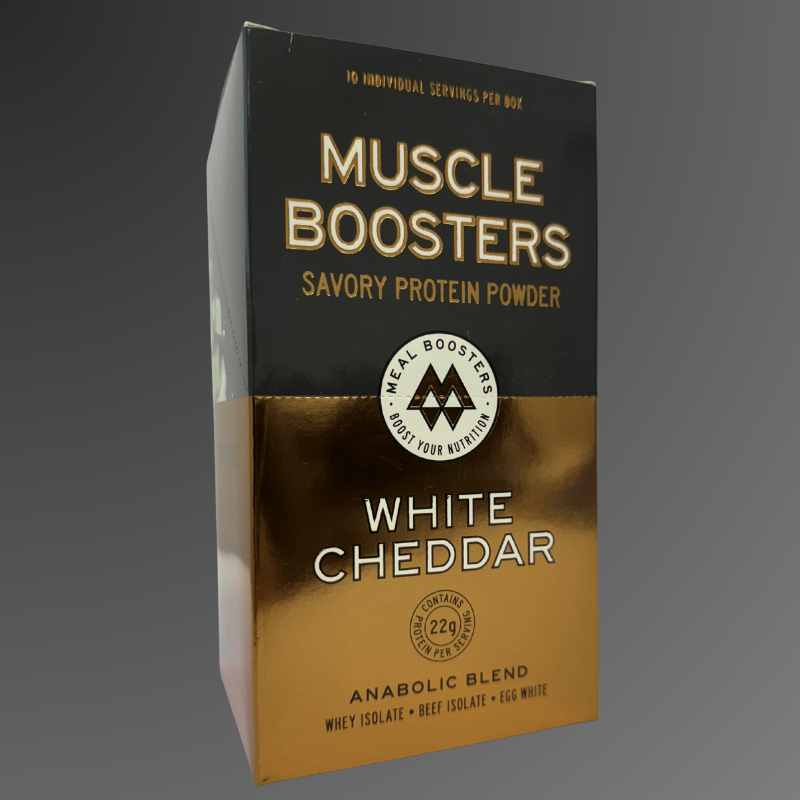 Muscle Boosters White Cheddar organic whey protein isolate box with 10 single-serve packs, ideal for muscle recovery and nutrition.