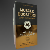 Muscle Boosters White Cheddar organic whey protein isolate box with 10 single-serve packs, ideal for muscle recovery and nutrition.