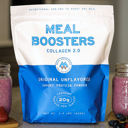 Unflavored grass-fed collagen protein powder in a resealable pouch from Meal Boosters.
