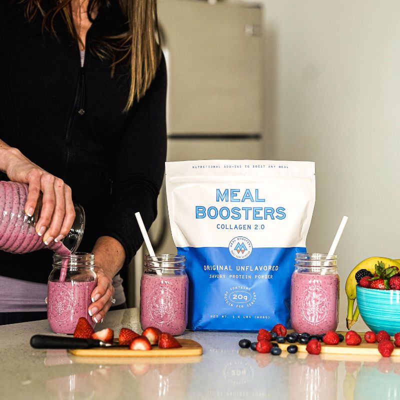 Unflavored grass-fed collagen protein powder in a Meal Boosters pouch, showing the resealable packaging and product label.