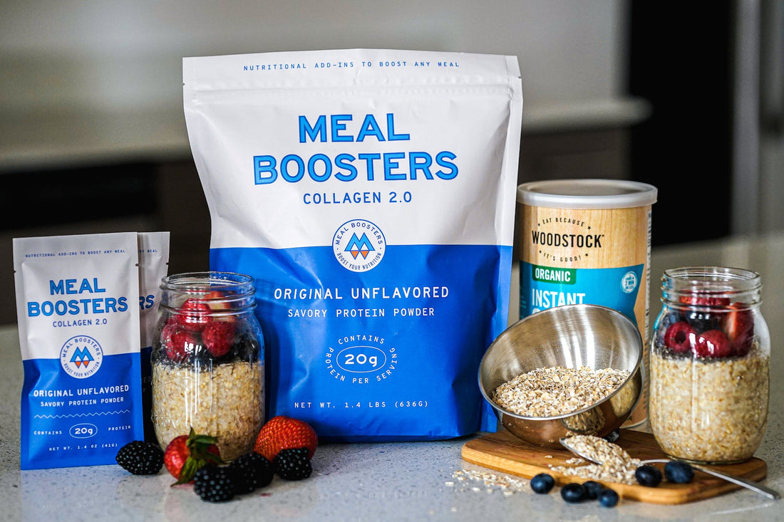 Unflavored grass-fed collagen protein powder from Meal Boosters with oats, displayed in a clear container.