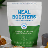 Meal Boosters Parmesan Cheese collagen and protein blend protein powder in a container with a scoop and label.