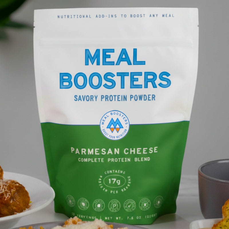 Meal Boosters Parmesan Cheese collagen and protein blend protein powder in a container with a scoop and label.