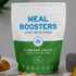 Meal Boosters Parmesan Cheese collagen and protein blend protein powder in a container with a scoop and label.