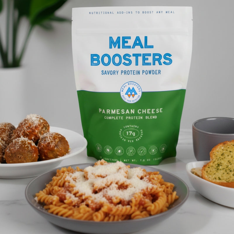 Meal Boosters Parmesan Cheese Collagen+ Protein Blend protein powder in a jar, showcasing the container and label.