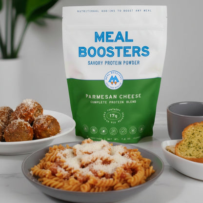 Meal Boosters Parmesan Cheese Collagen+ Protein Blend protein powder in a jar, showcasing the container and label.