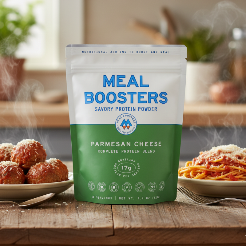 Meal Boosters Parmesan Cheese collagen and protein blend protein powder in a jar, shown with spaghetti and meatballs.