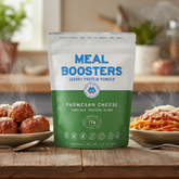 Meal Boosters Parmesan Cheese collagen and protein blend protein powder in a jar, shown with spaghetti and meatballs.
