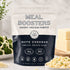 White Cheddar Collagen+ Protein Blend powder by Meal Boosters, showing the protein powder container with label and scoop.