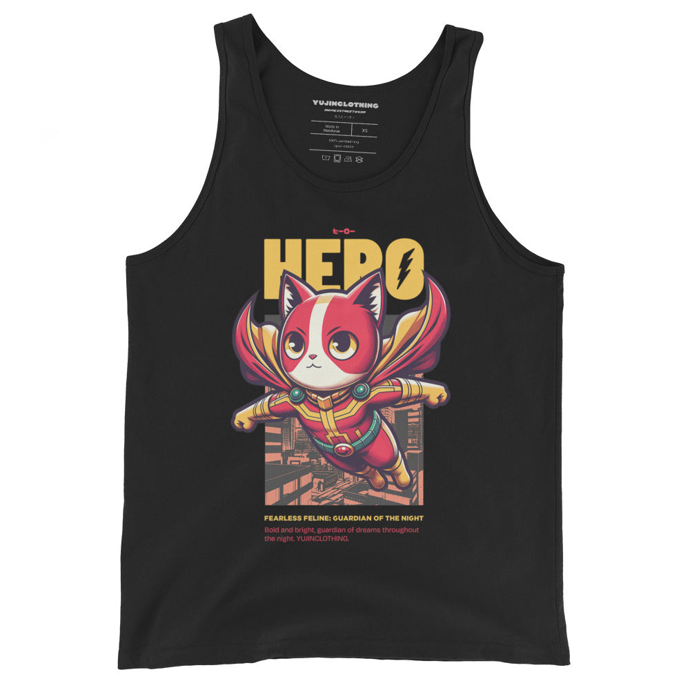 Yūjin Clothing Hero Cat tank top featuring a bold graphic design on lightweight, comfortable fabric for casual wear.