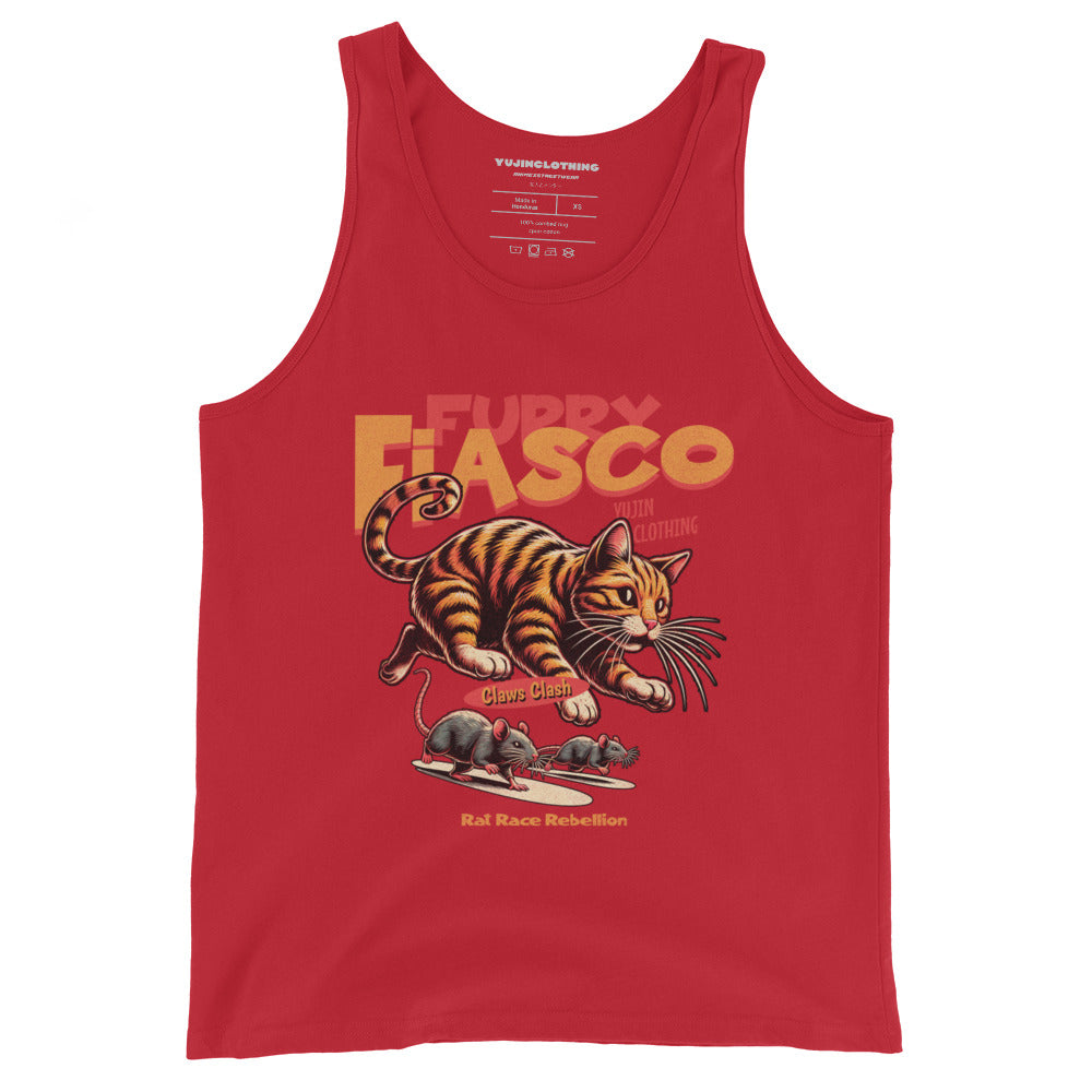 Furry Fiasco Cat Tank Top by Yūjin Clothing featuring a playful cat design on a soft, comfortable tank top for casual wear.