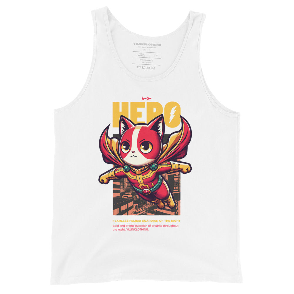 Yūjin Clothing Hero Cat Tank Top featuring a stylish cat graphic on lightweight fabric, perfect for casual wear.