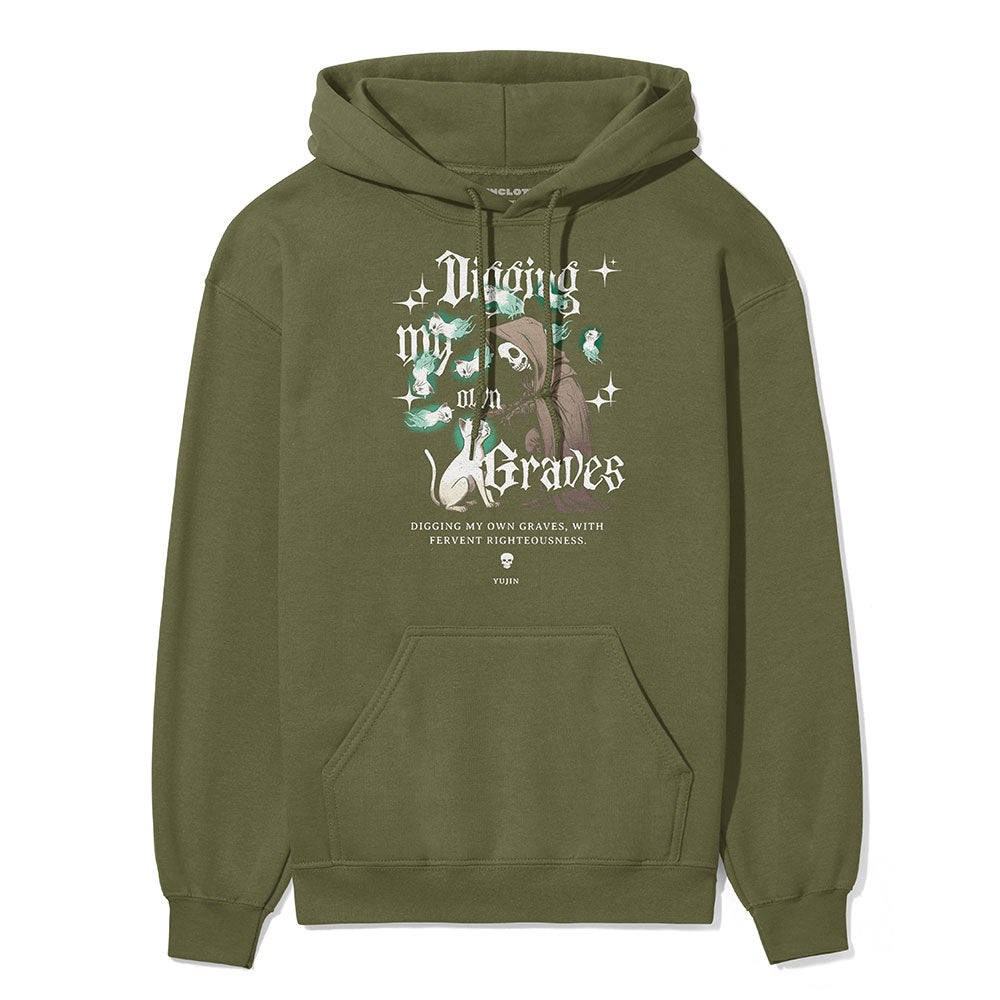 Yūjin Clothing Digging My Own Graves cat hoodie featuring a graphic of a cat digging a grave, soft fabric, and comfortable fit.