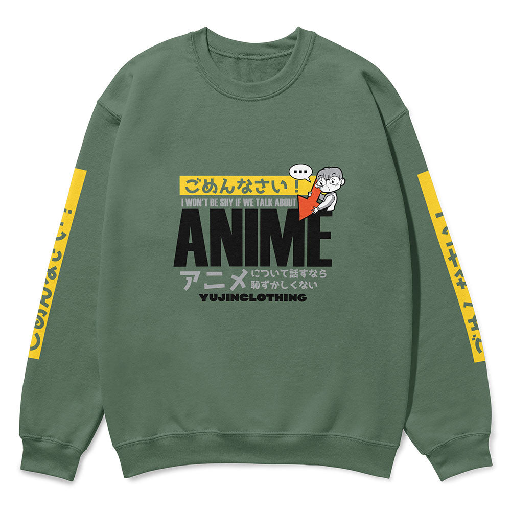 Anime Talk sweatshirt by Yūjin Clothing featuring a vibrant anime-inspired design on a comfortable sweatshirt.