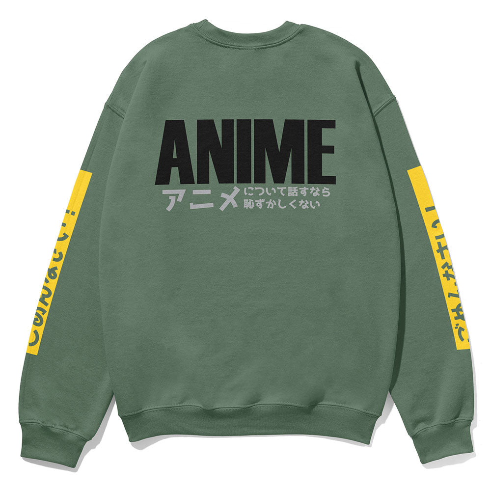 Anime Talk sweatshirt by Yūjin Clothing featuring a vibrant anime-inspired design on a casual sweatshirt for anime fans.