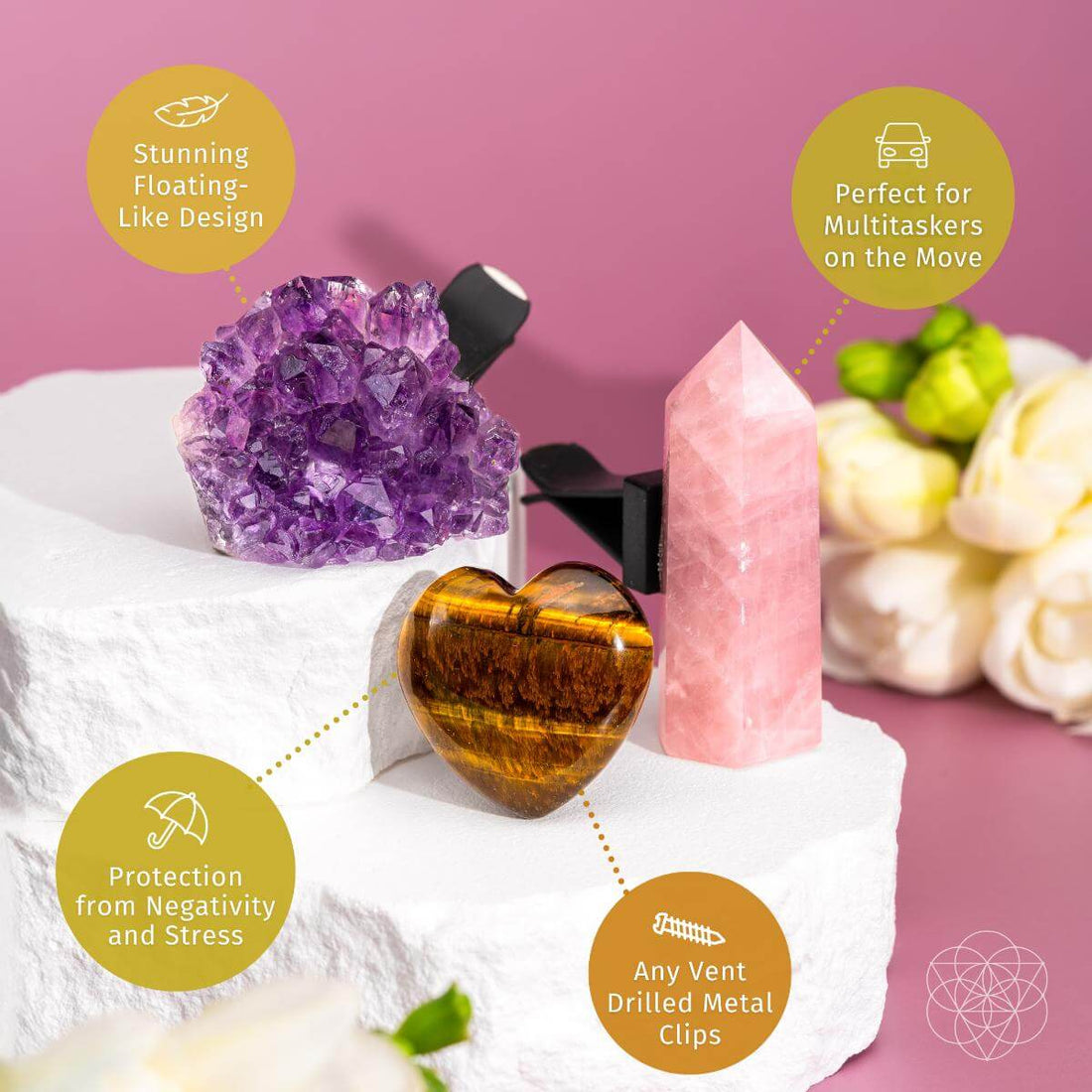Set of crystals from the Mindful Multitasker Crystal Car Kit of Balance by Conscious Items, includes various polished stones for harmony.