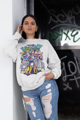 Yūjin Clothing City Life Premium Sweatshirt featuring a casual fit, soft fabric, and cityscape graphic print on the front.