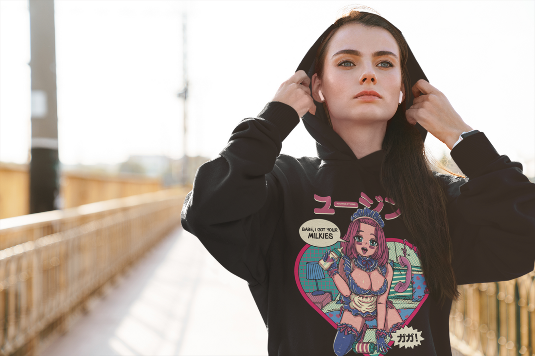 Yūjin Clothing Got Your Milkies hoodie, soft black hoodie with bold white text, casual streetwear style for everyday wear.
