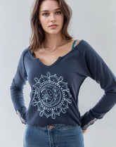 Navy cotton V-neck long sleeve shirt with moon mandala design by Fitkitty Culture for women&